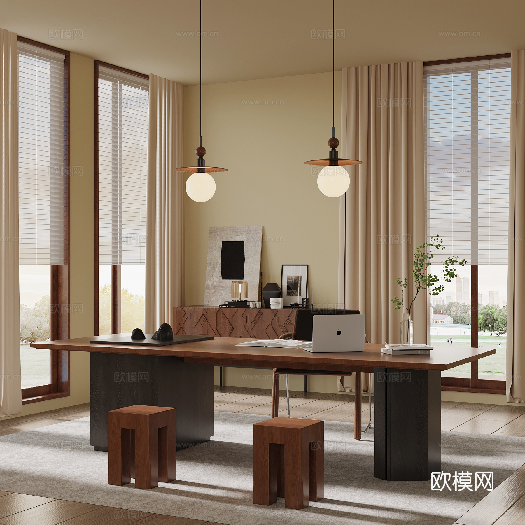 中古风开放式书房 书桌椅 边柜su模型