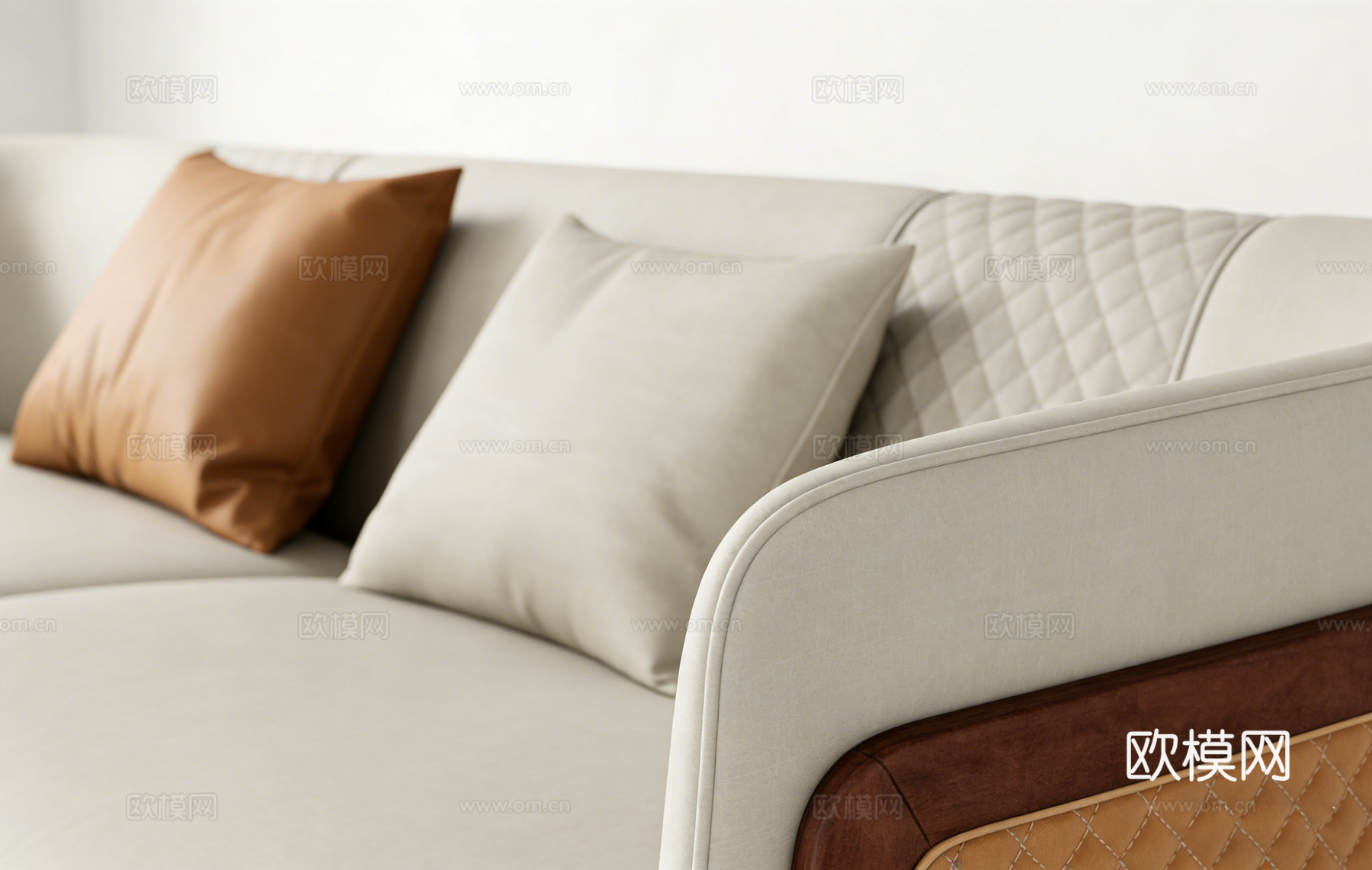 现代简约浅米色布艺三人沙发 编织纹理休闲椅  客厅阳台单椅su模型