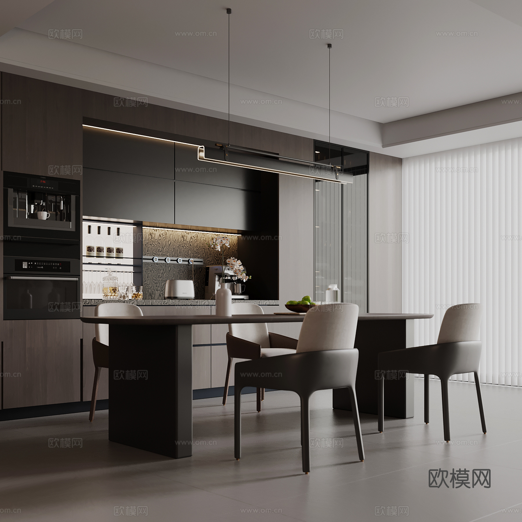 现代意式餐厅 餐桌椅 餐边柜 酒柜su模型