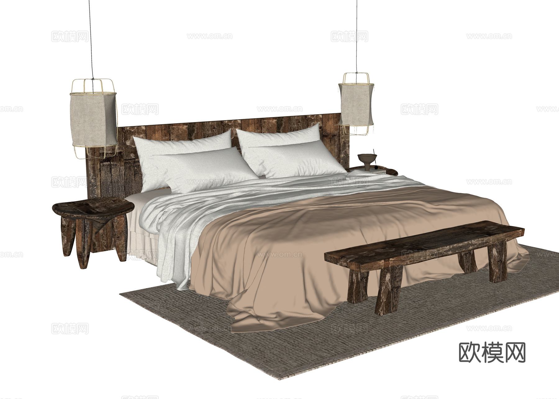 现代双人床 床尾凳su模型
