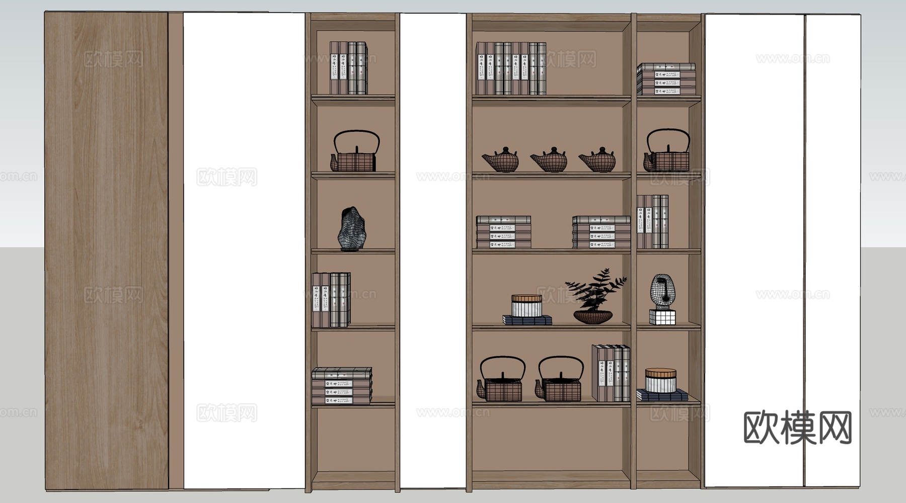 新中式装饰柜 新中式置物架 书架 茶具架su模型