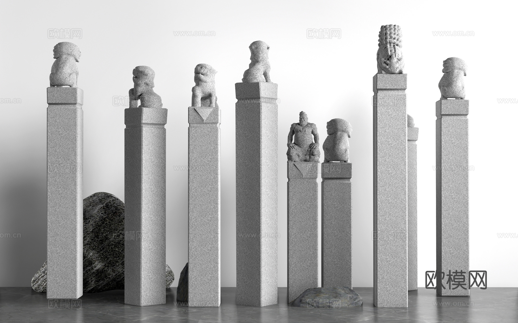 中式拴马桩 中式小品 中式柱子 中式庭院小品su模型