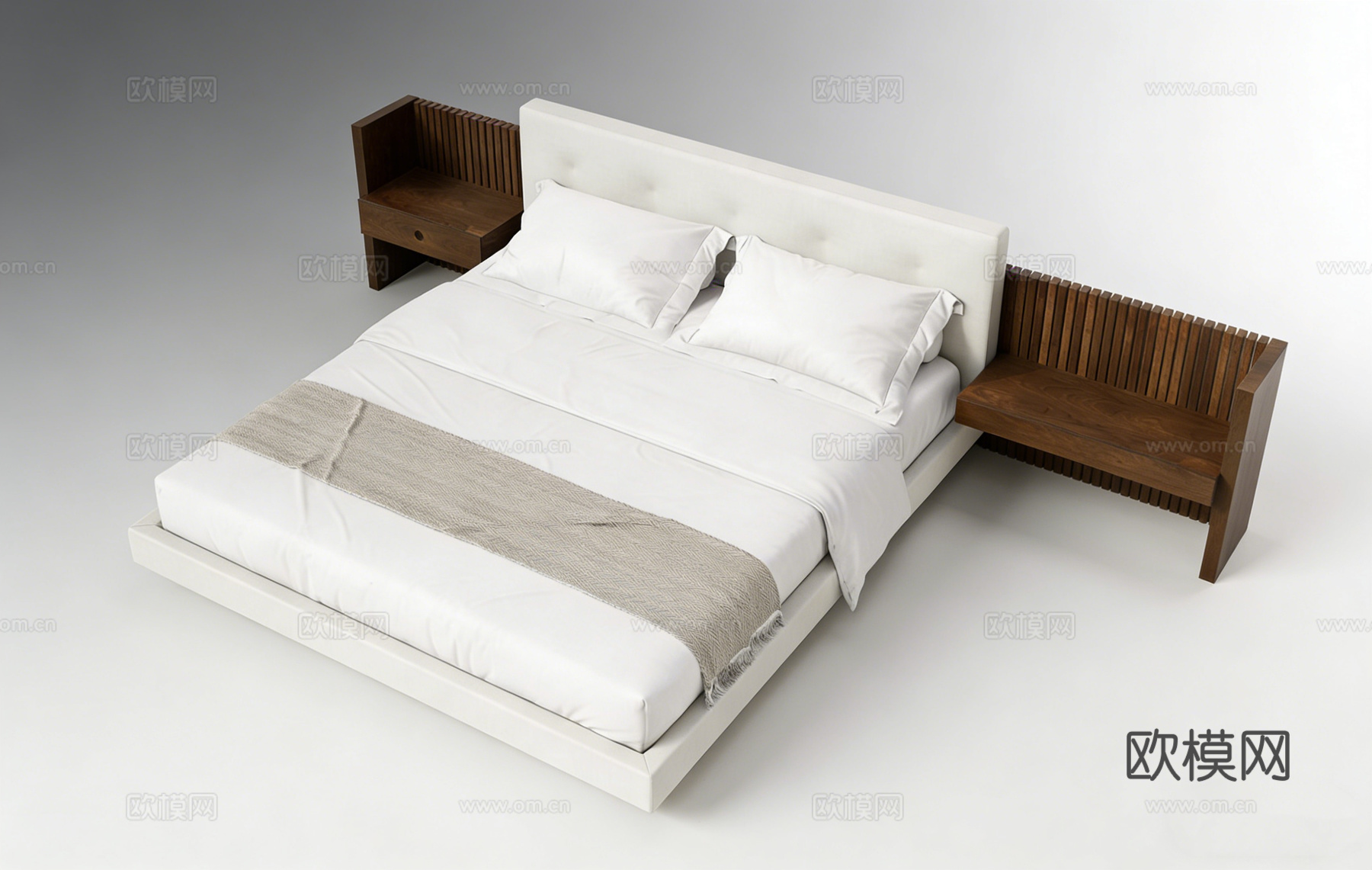 现代简约白色软包床 深木色床头柜 卧室套装su模型