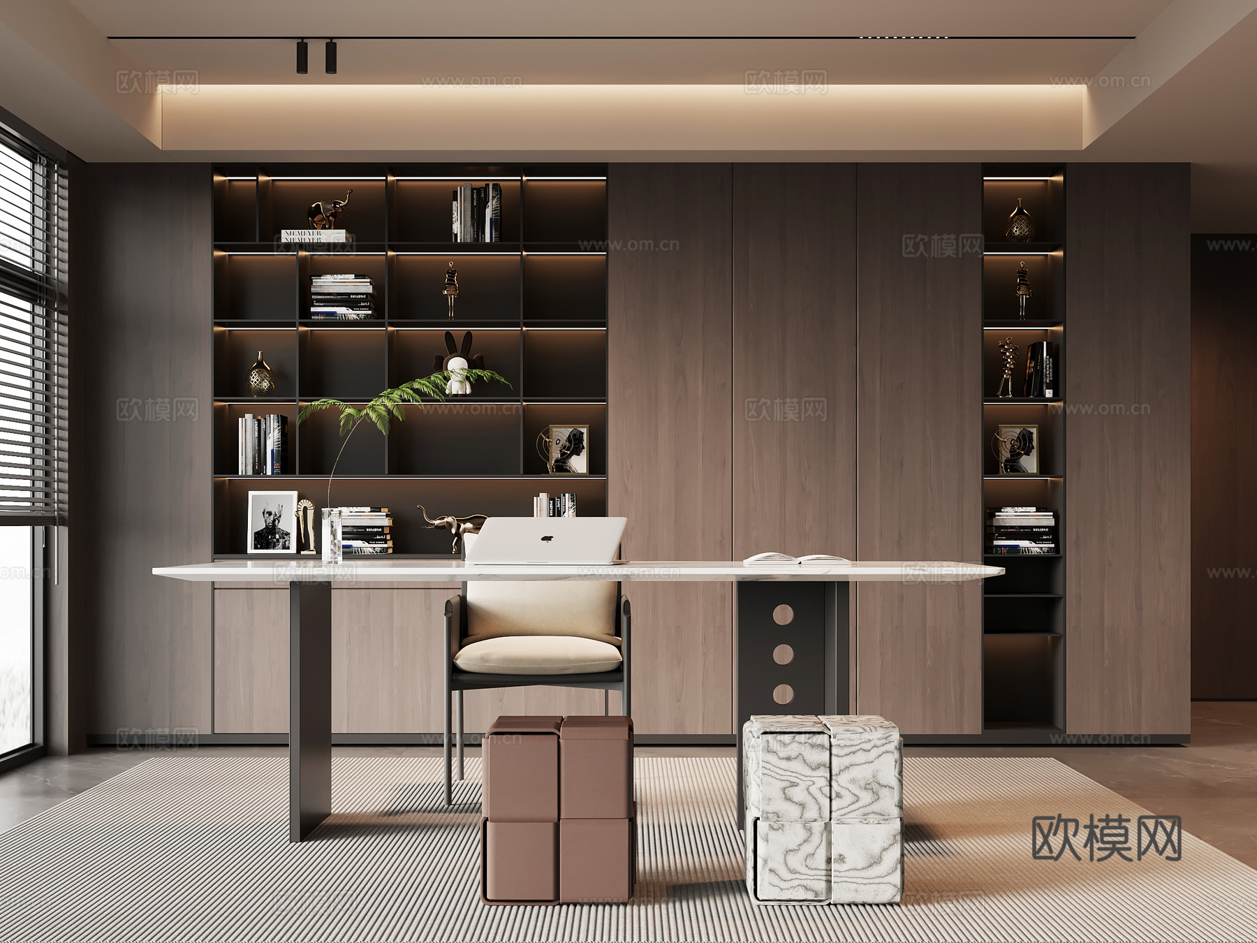 现代意式书房 书桌椅 书柜su模型