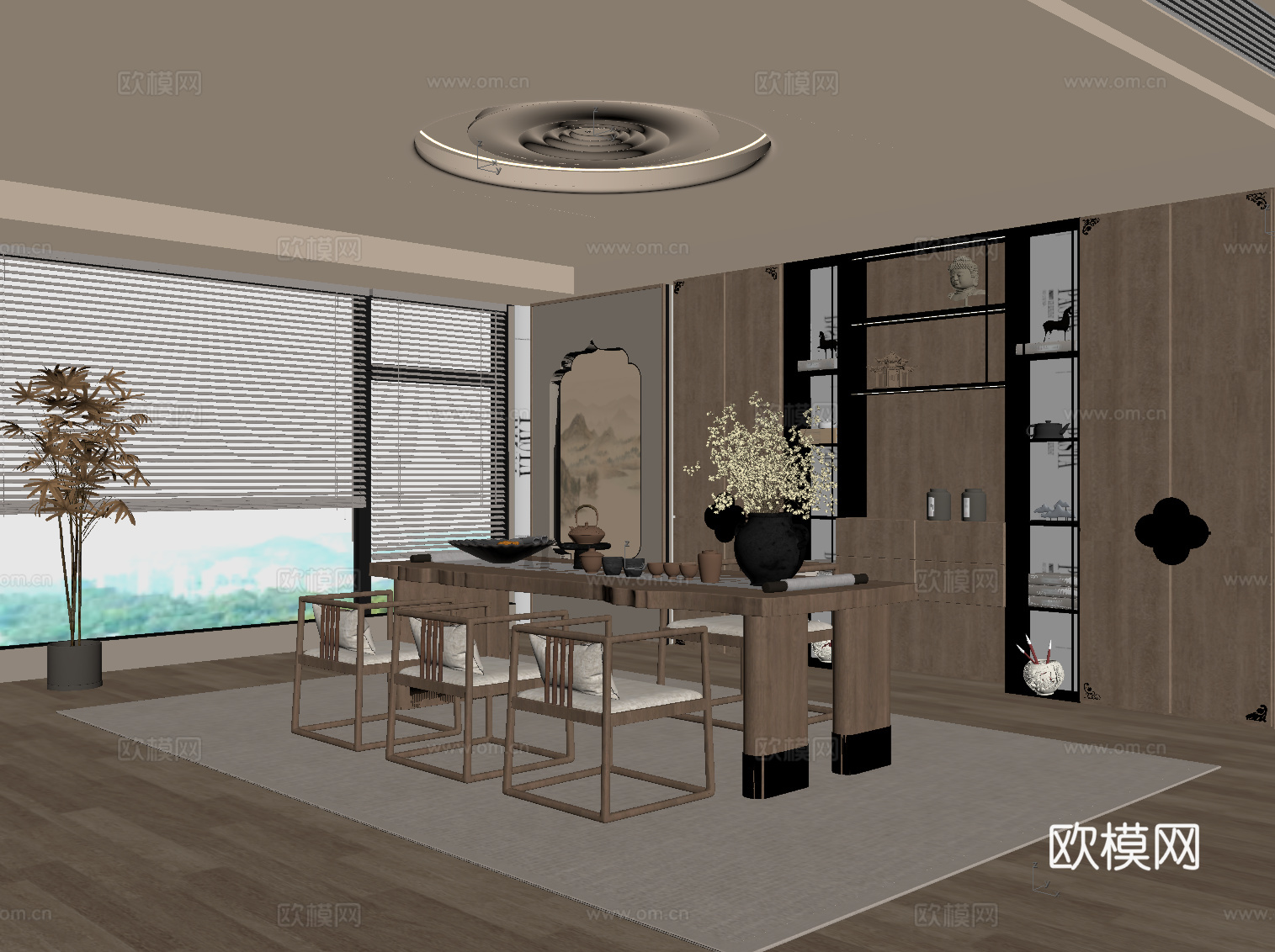 新中式茶室 茶桌椅 茶柜su模型