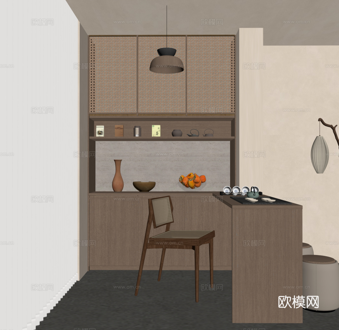 新中式阳台茶室 茶桌椅 茶台su模型