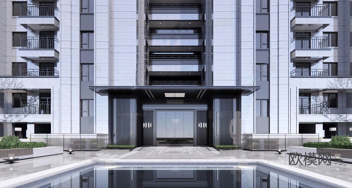 现代单元入户 住宅入户大门 单元入口 小区住宅建筑su模型
