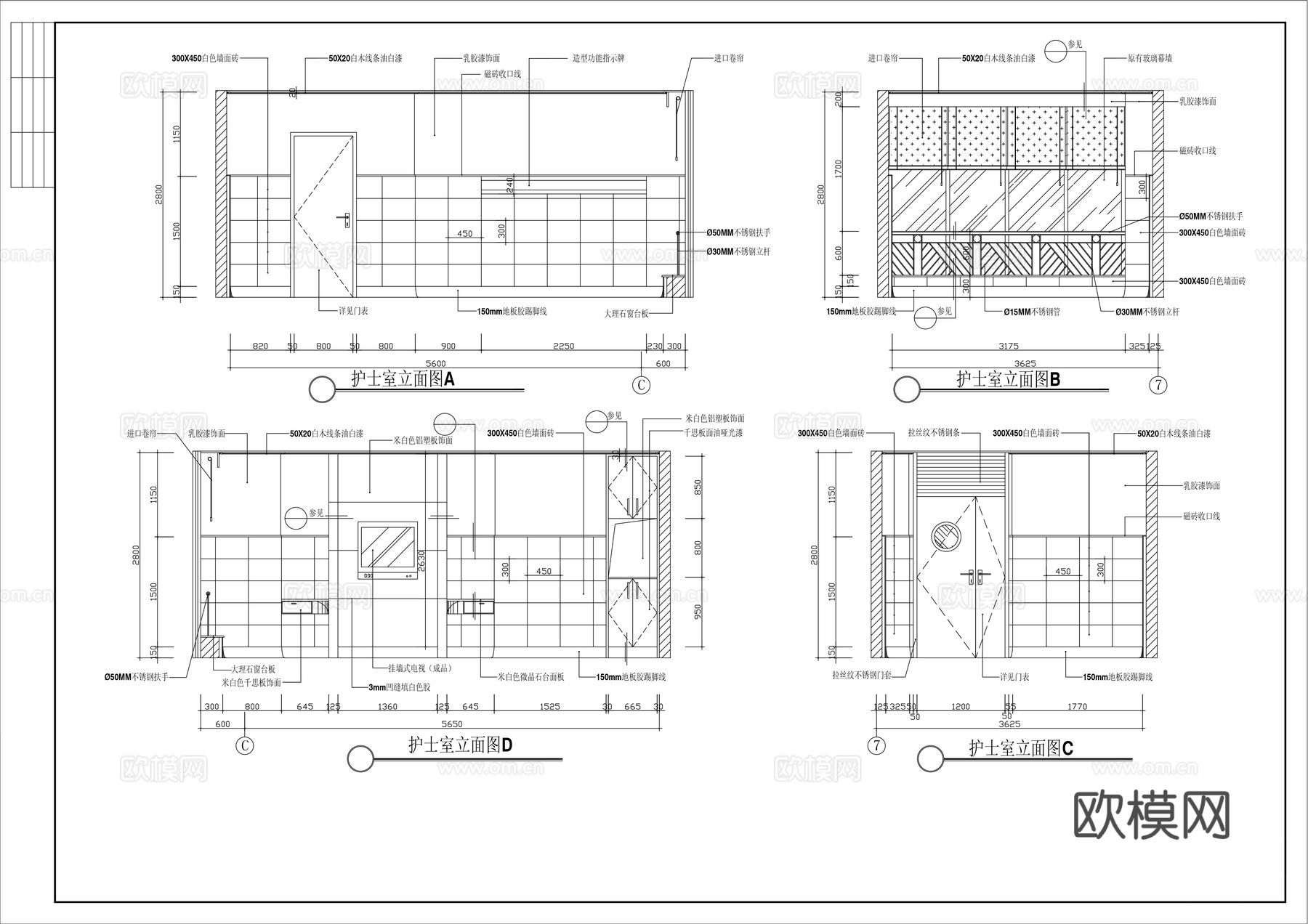 单人病房立面图cad施工图下载