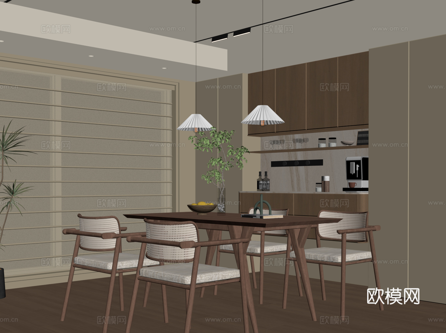 现代中古风餐厅 餐桌椅 餐边柜su模型
