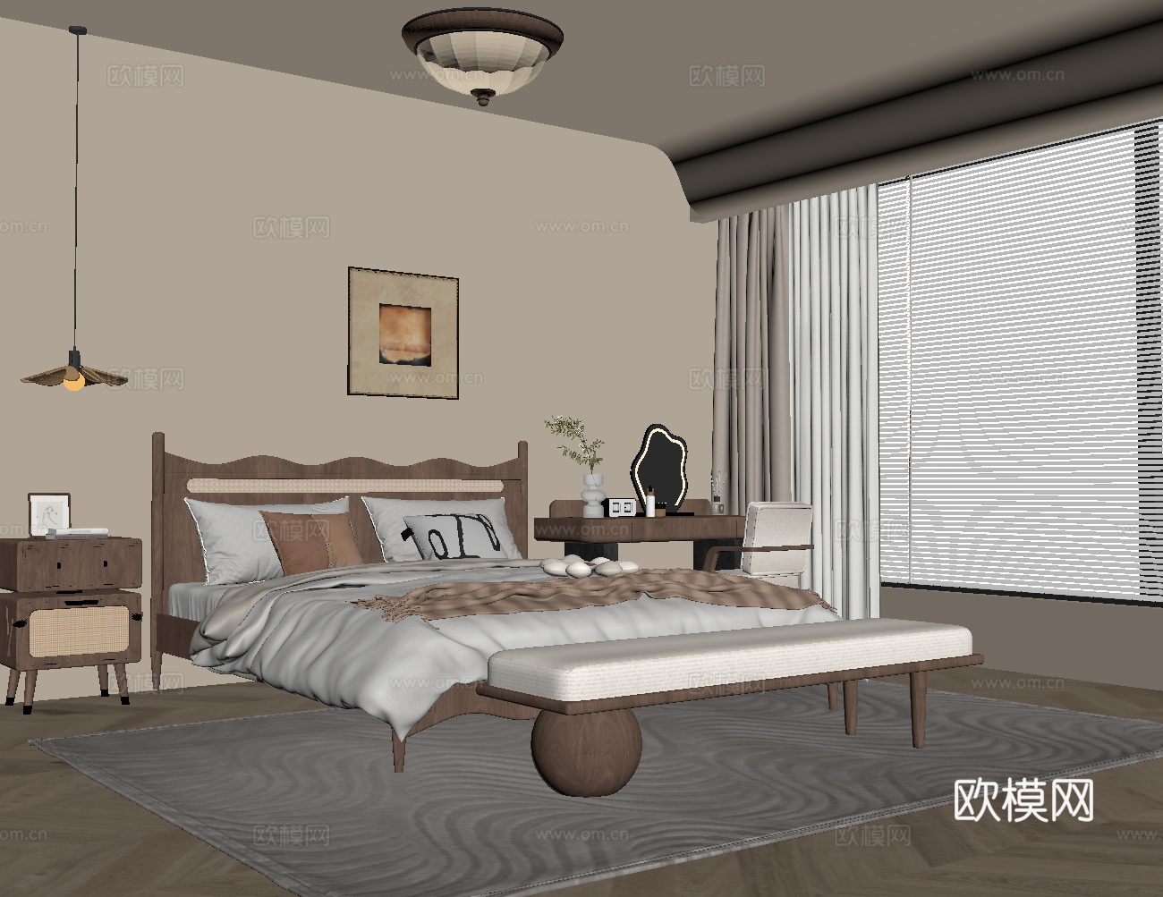 法式中古风卧室 双人床 梳妆台su模型su模型