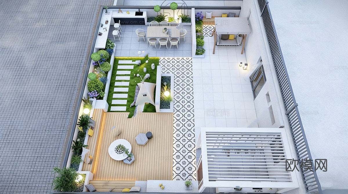 现代屋顶花园 庭院景观 阳台花园su模型下载（渲染图1）