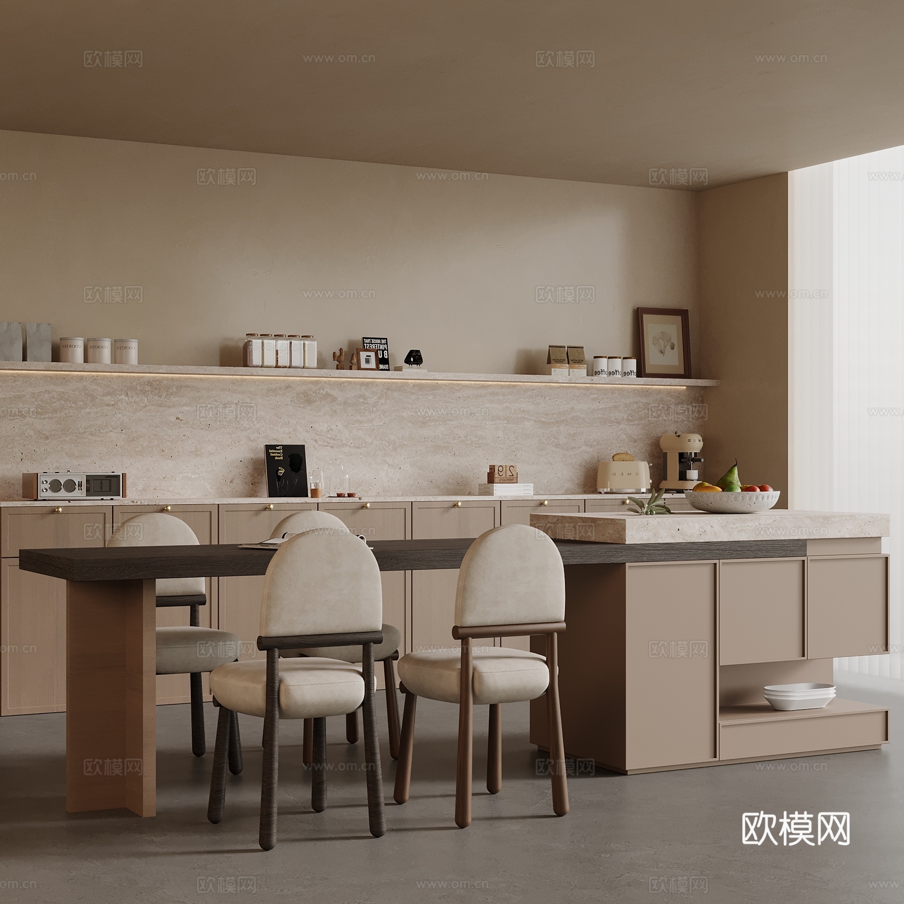侘寂风餐厅 餐桌椅 岛台 餐边柜 中古风餐厅su模型