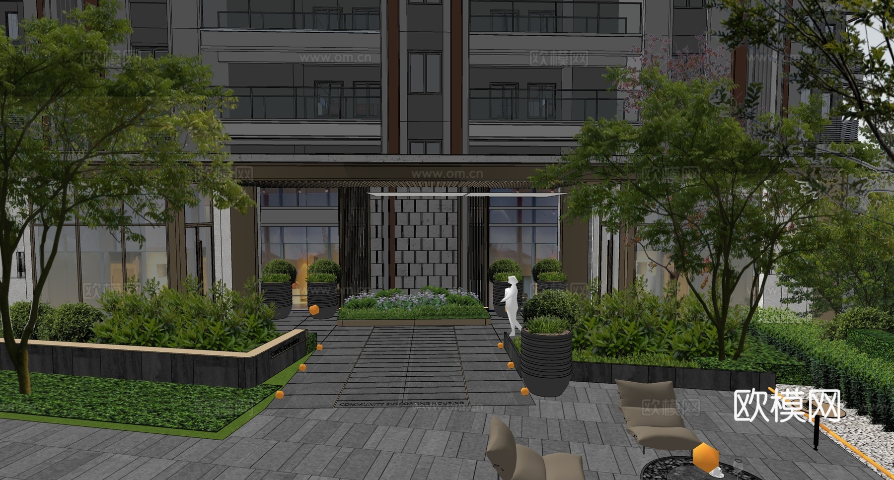 现代单元入户大门 入户景墙 入户装饰  小区楼栋大门su模型