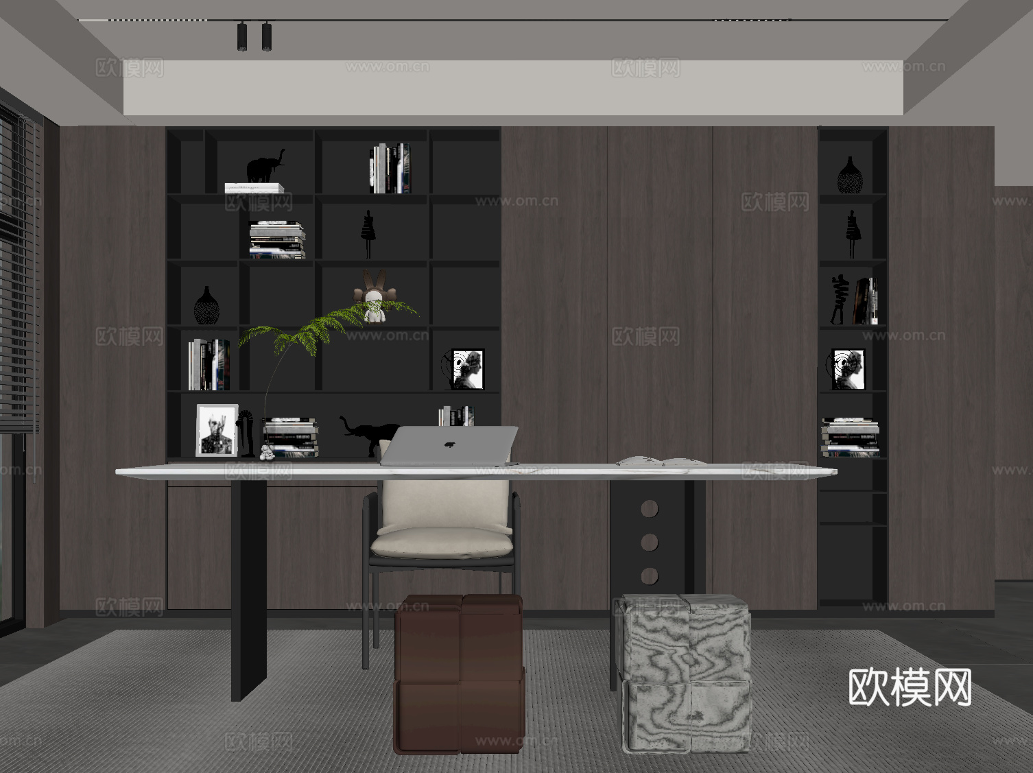 现代意式书房 书桌椅 书柜su模型