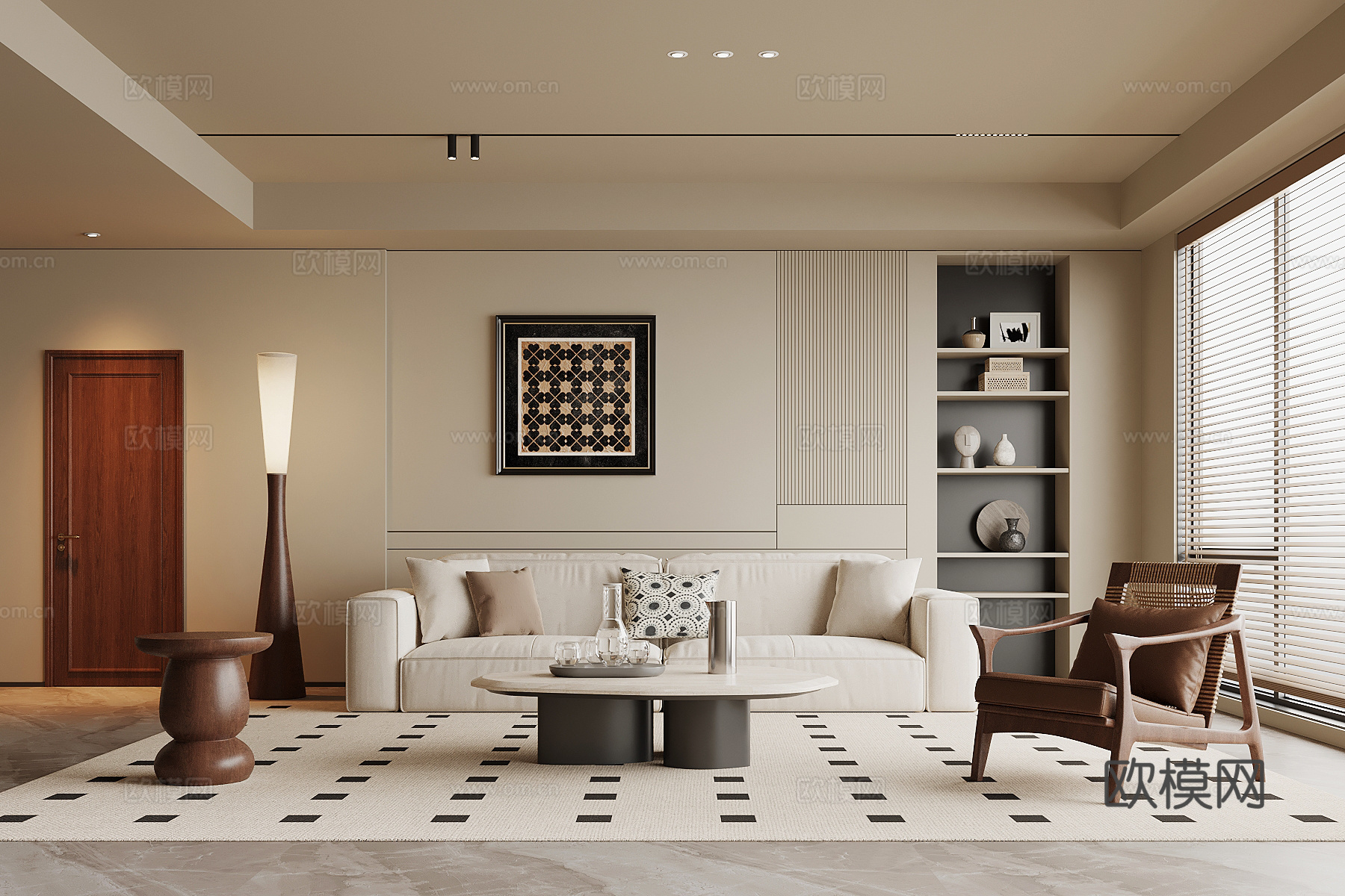 现代中古风客厅 背景墙 沙发茶几组合3d模型