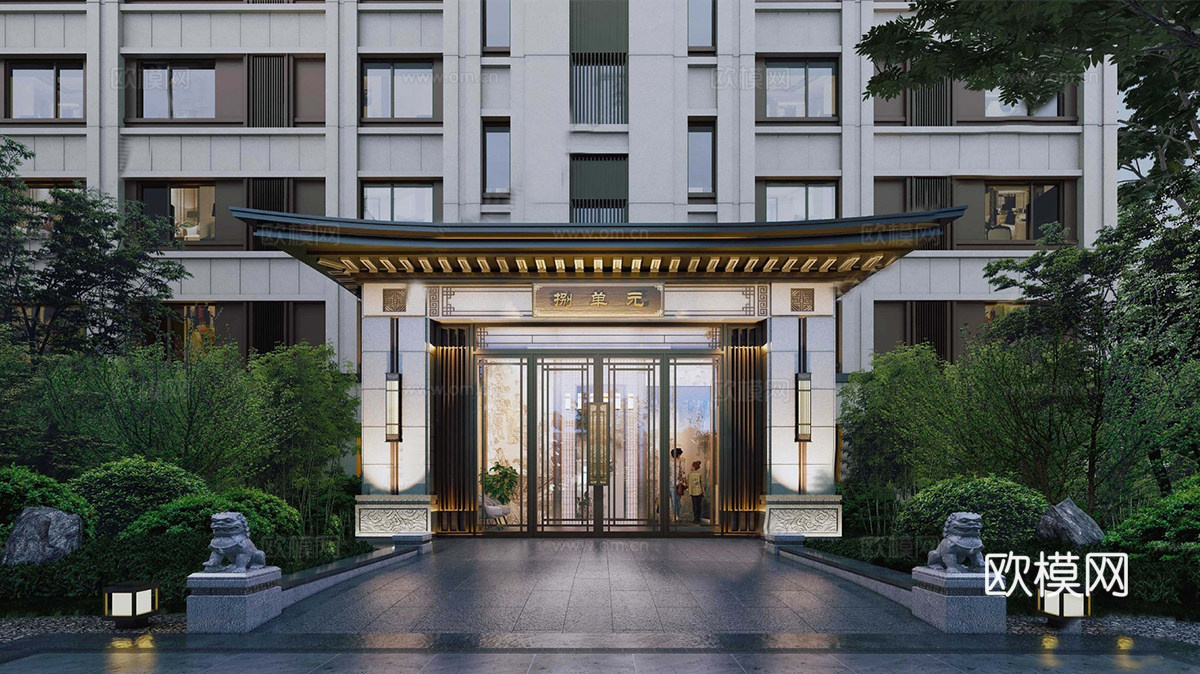 新中式住宅入户大门  单元入户门头su模型