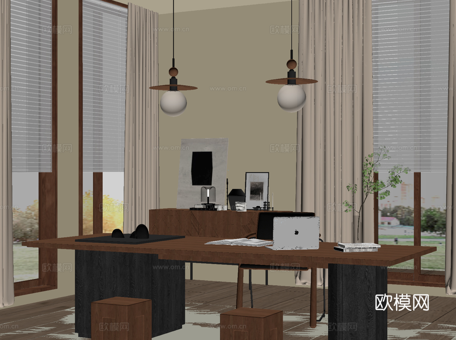 中古风开放式书房 书桌椅 边柜su模型