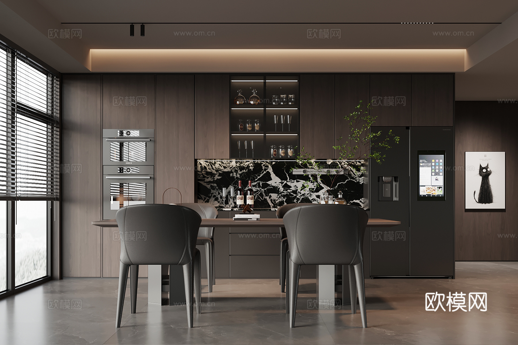 现代意式开放式餐厅 餐桌椅 酒柜su模型