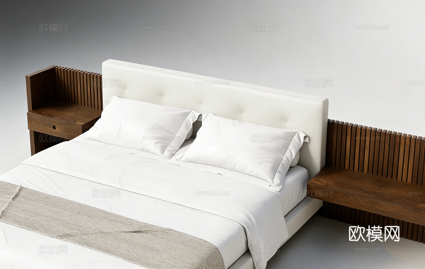 现代简约白色软包床 深木色床头柜 卧室套装su模型