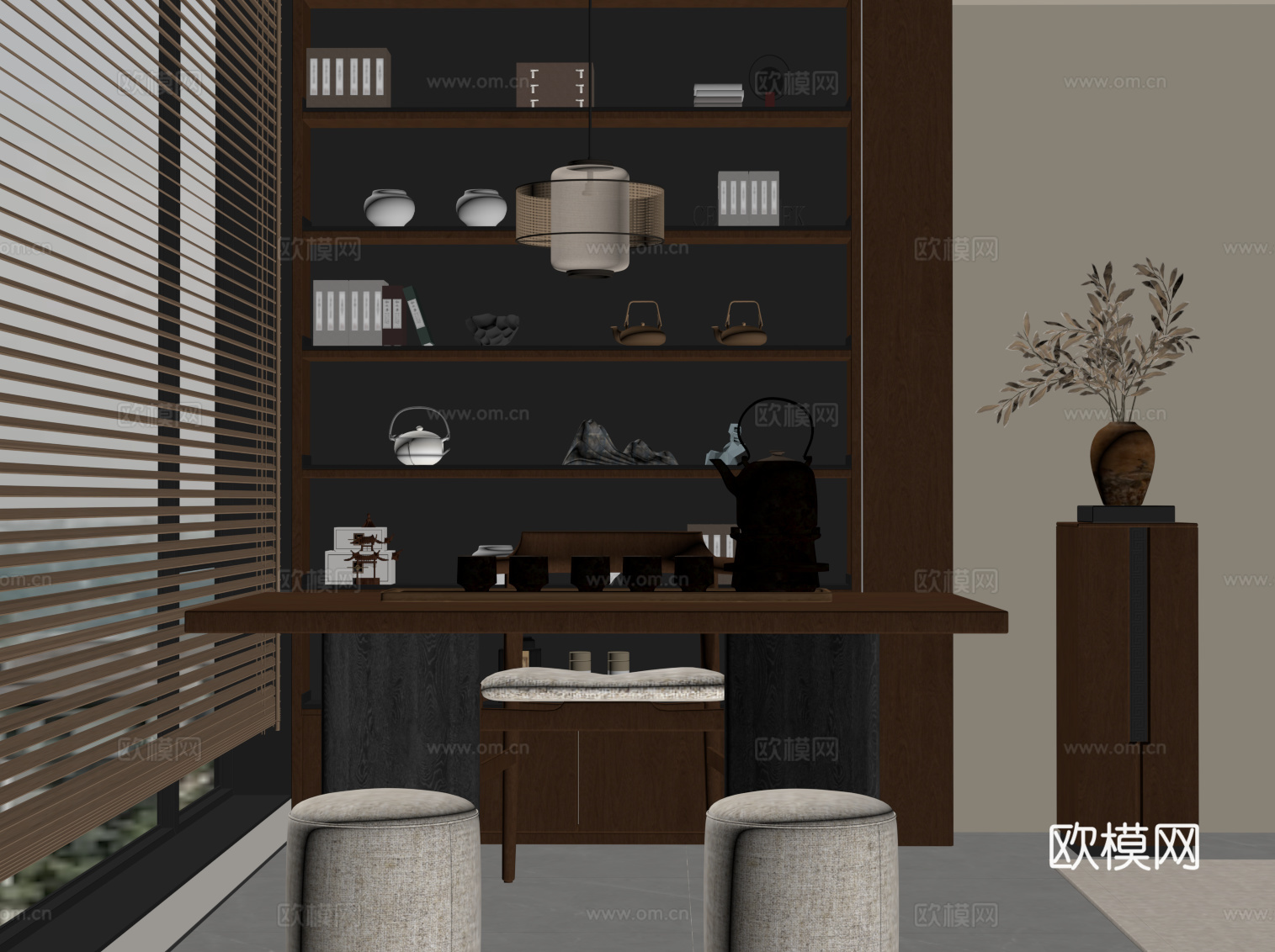 中古风阳台 小茶台 茶桌椅 茶柜su模型