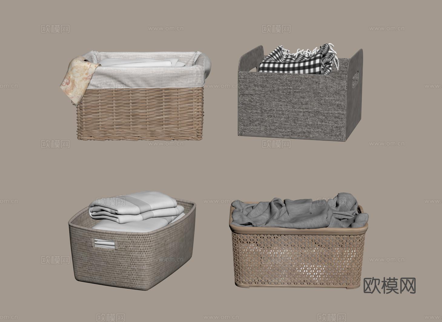 中古风收纳筐 草编藤编筐 脏衣框 收纳篮su模型