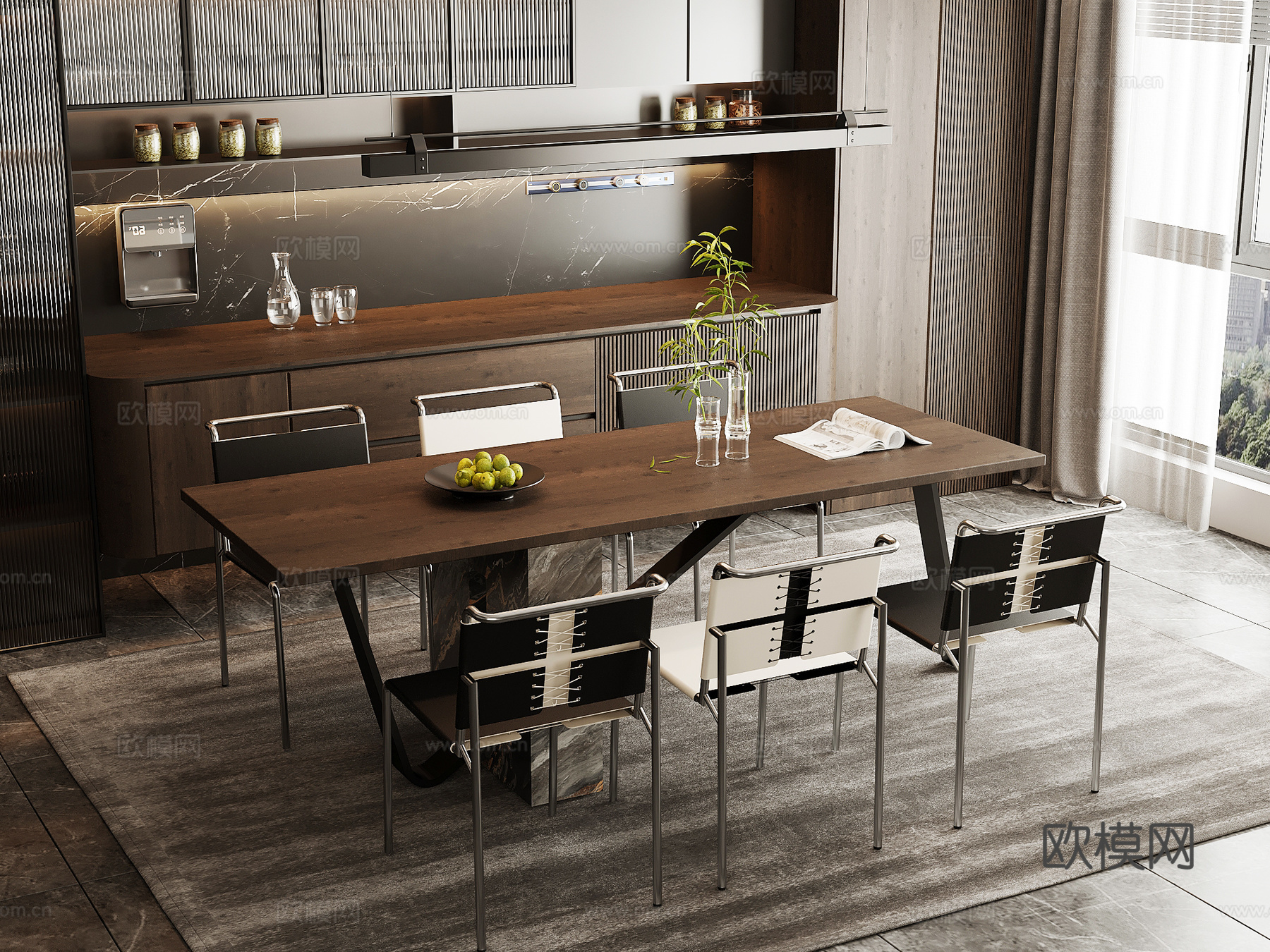 现代意式餐厅 餐桌椅 餐边柜 酒柜su模型