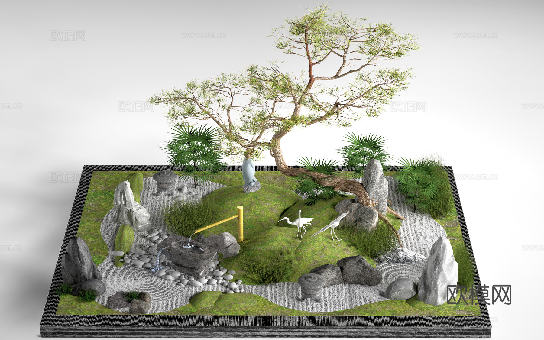 新中式庭院景观 枯山水 庭园造景 庭院石头su模型