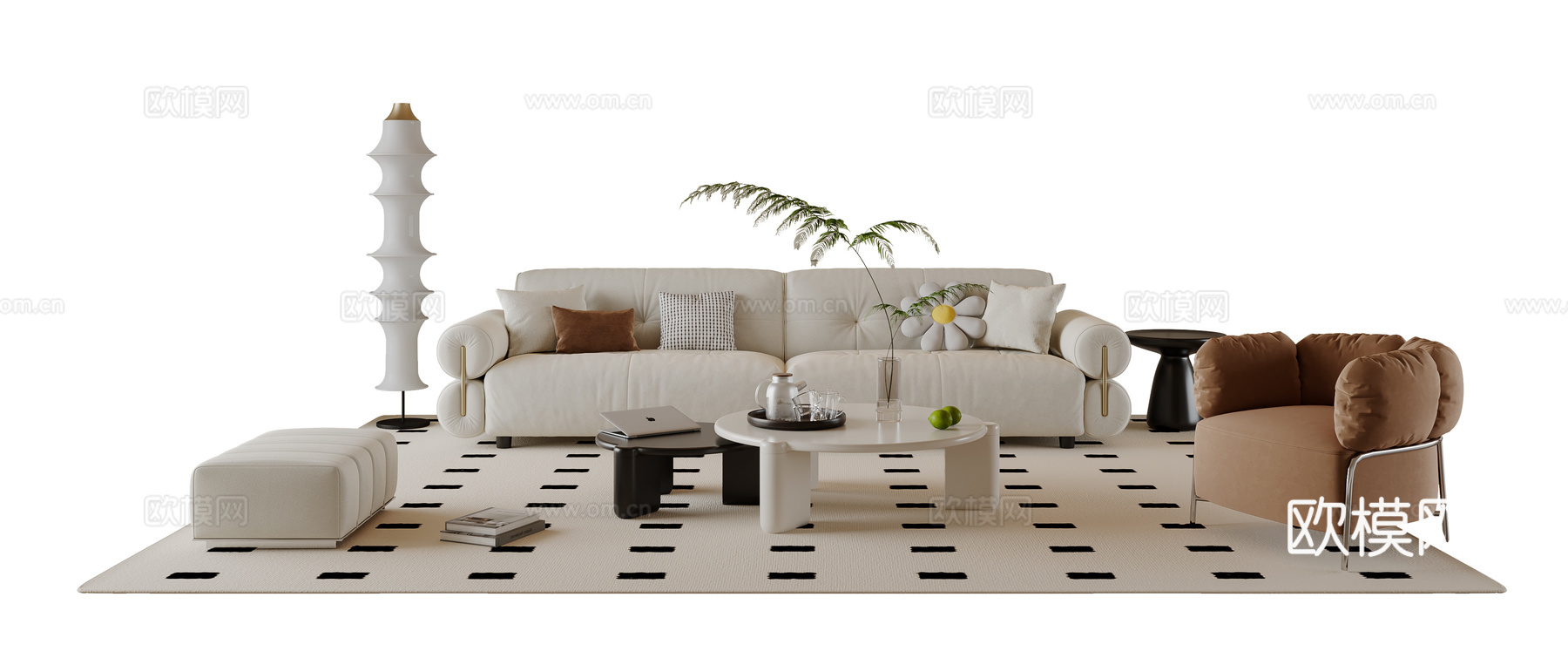 奶油风沙发茶几组合 多人沙发 布艺沙发 休闲椅 地毯3d模型下载