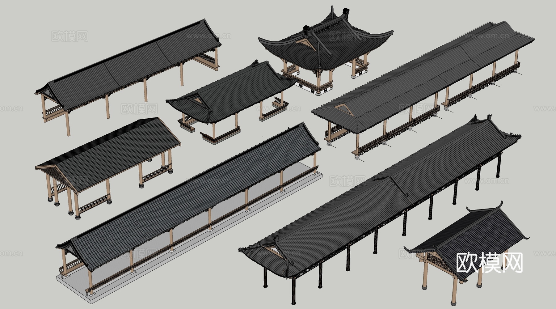 中式长廊 中式廊架 中式连廊su模型