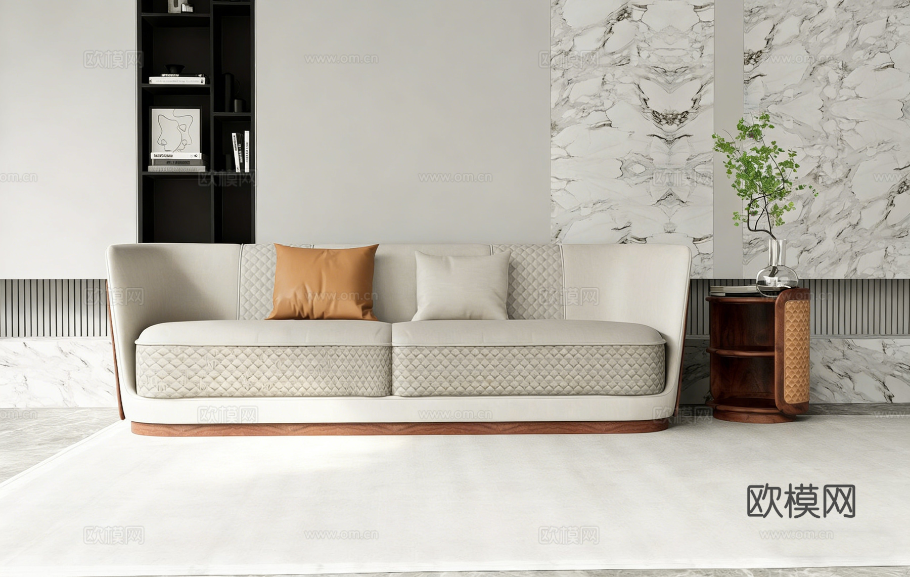 现代简约浅米色布艺三人沙发 编织纹理休闲椅  客厅阳台单椅su模型