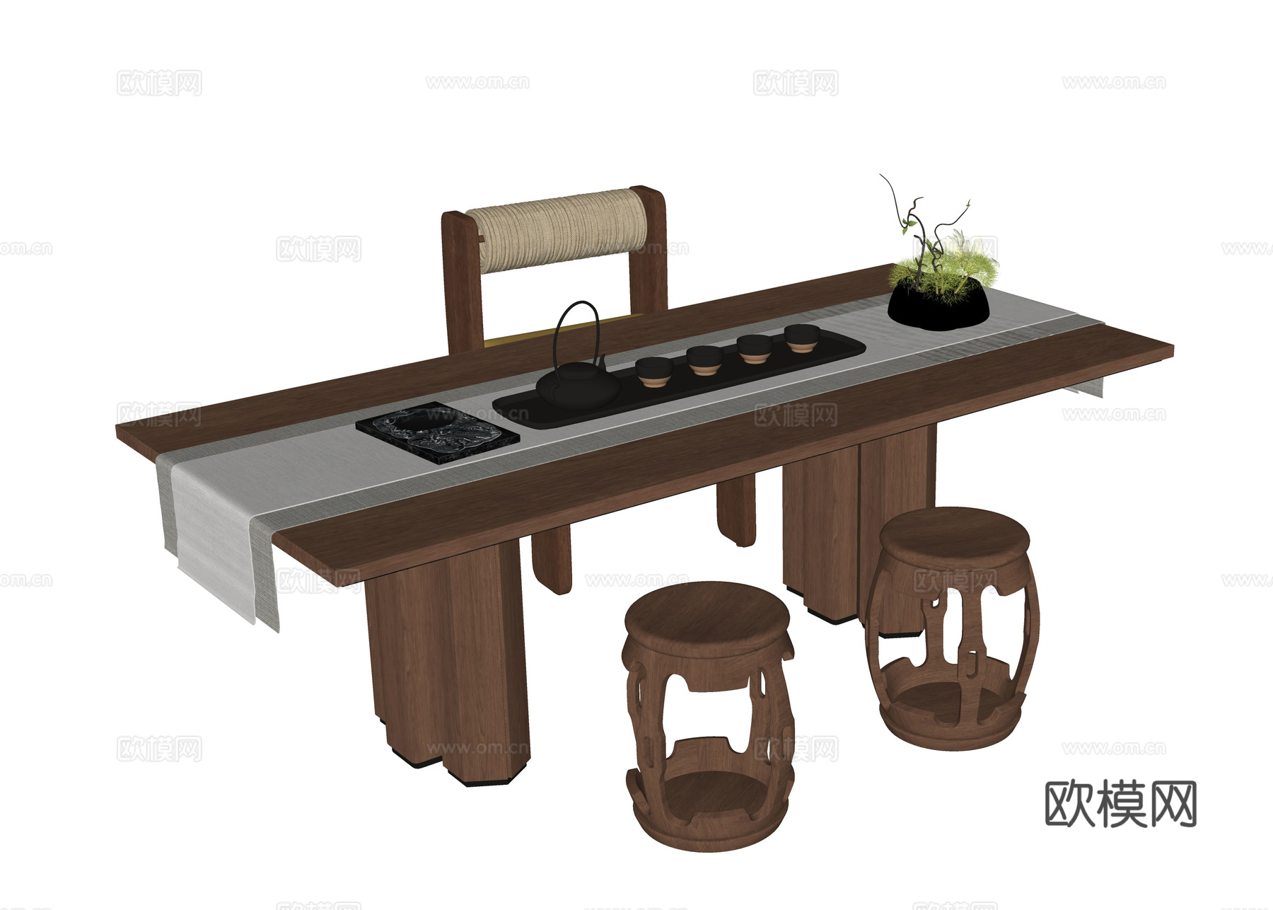 现代茶桌椅 凳子su模型下载（渲染图2）