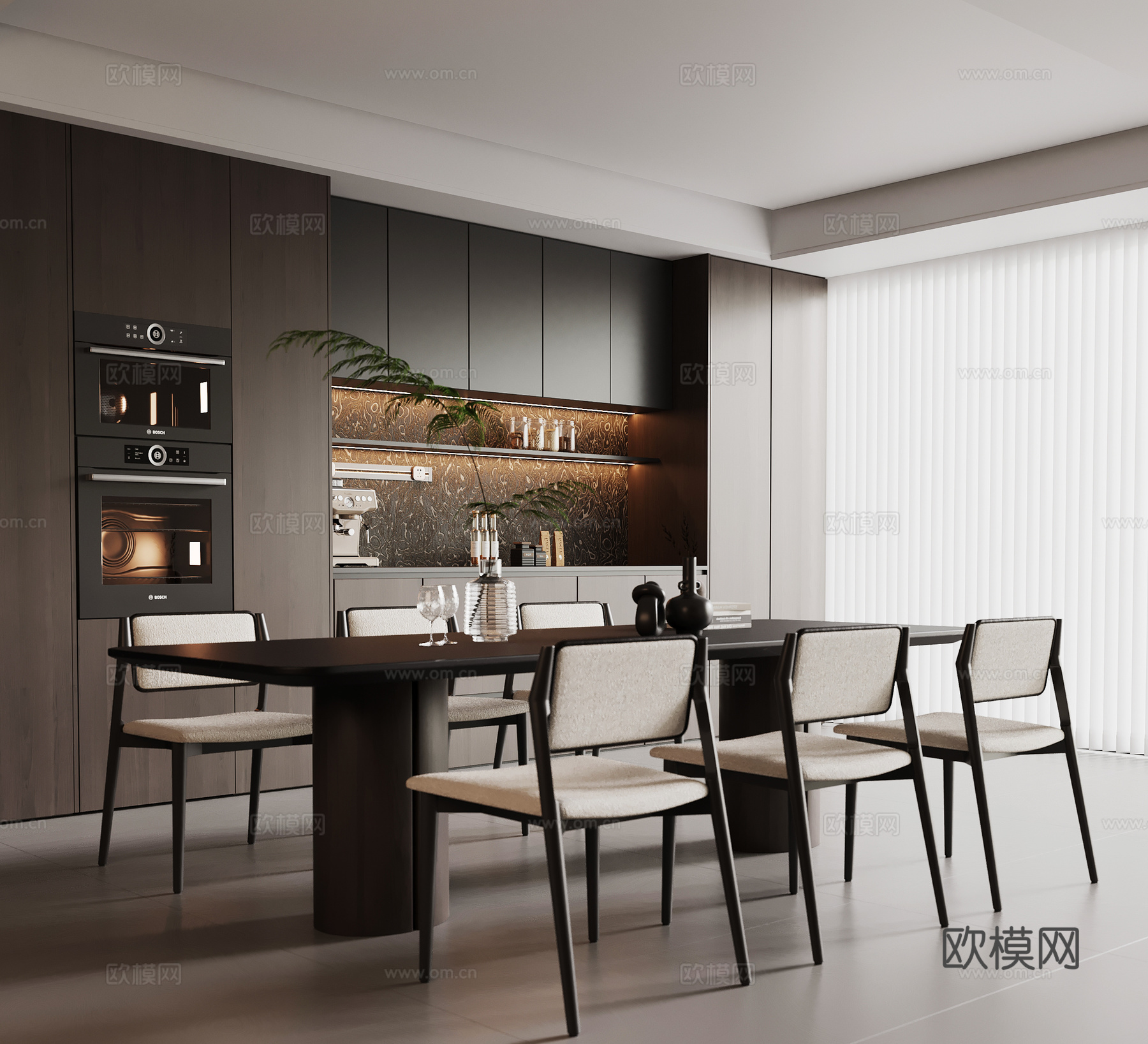 现代意式餐厅 餐桌椅 餐边柜su模型