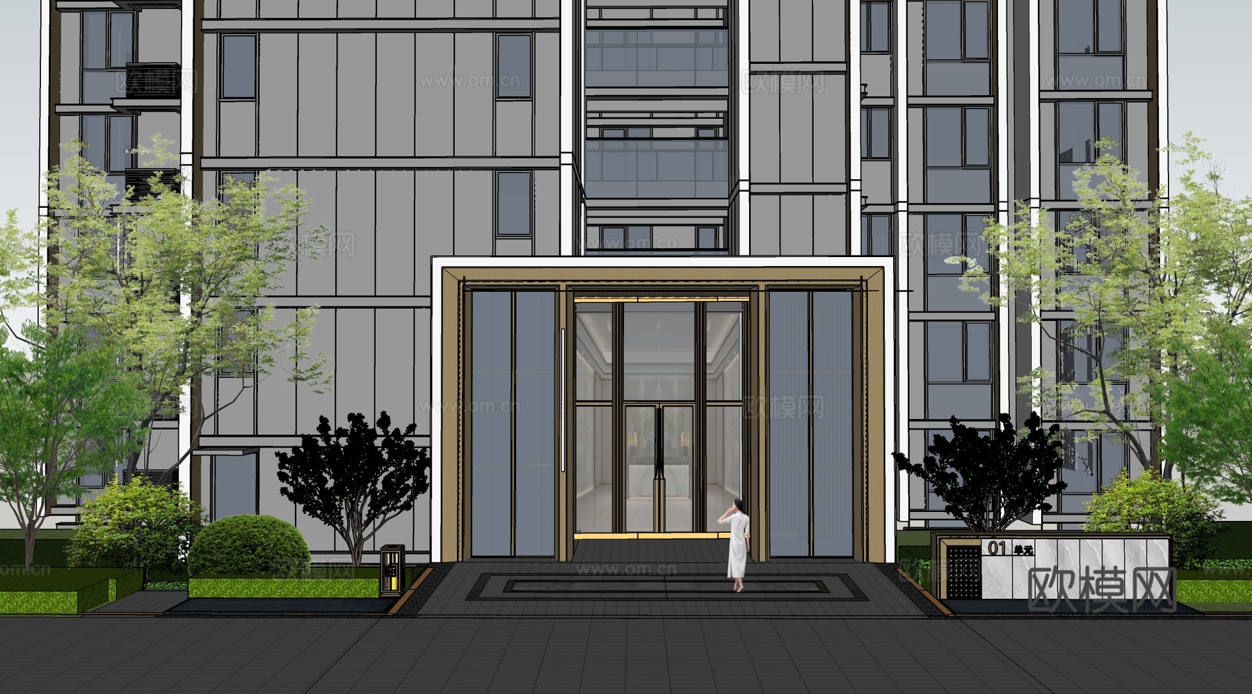 现代小区单元楼双开门  小区楼栋大门su模型