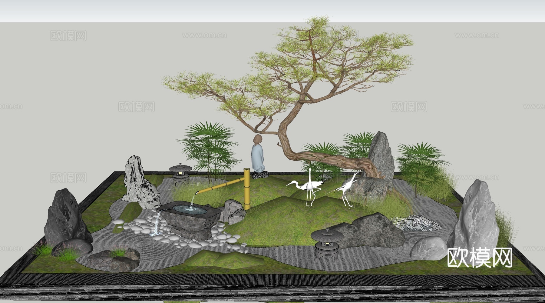 新中式庭院景观 枯山水 庭园造景 庭院石头su模型