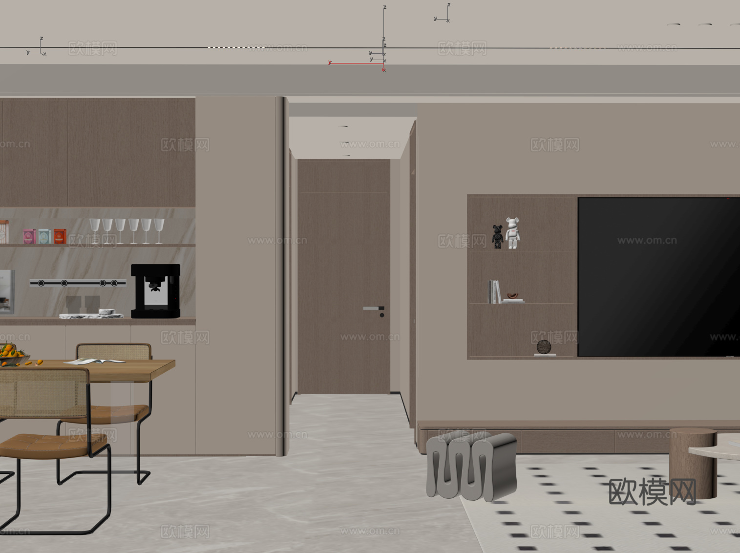 现代奶油风客餐厅 客厅 餐厅 电视背景墙su模型