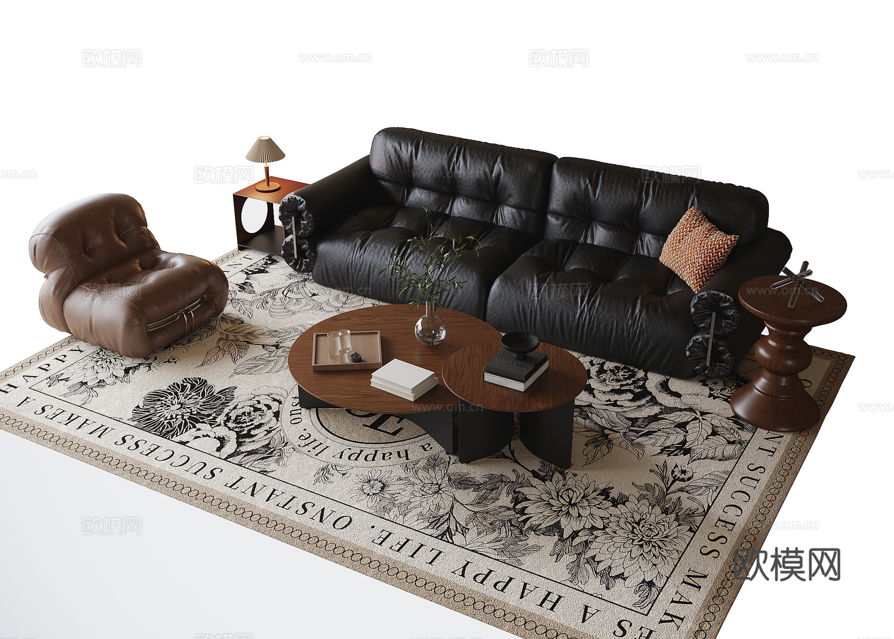 现代沙发茶几组合 地毯 双人沙发su模型su模型