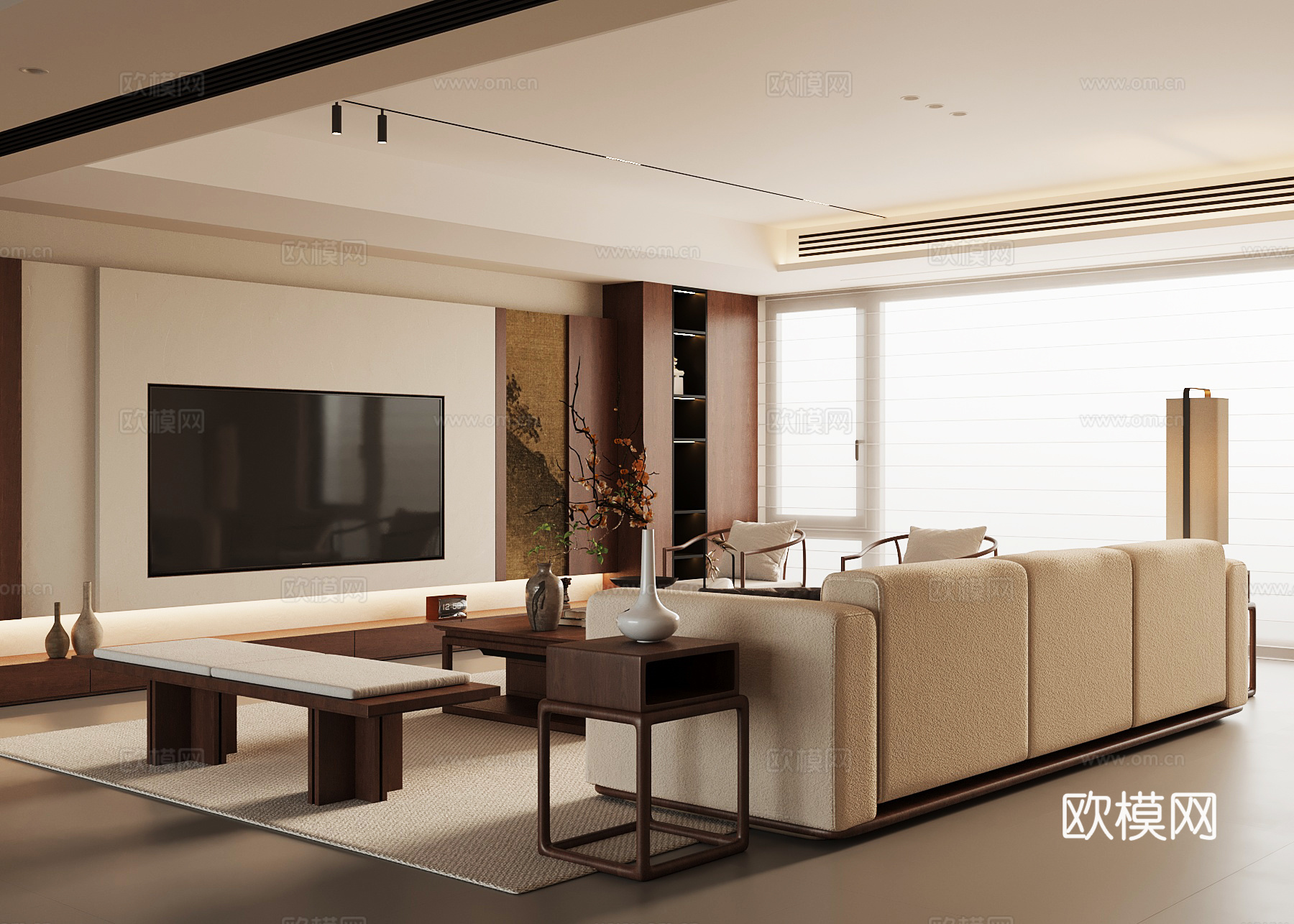 新中式客厅 沙发茶几组合 电视背景墙su模型