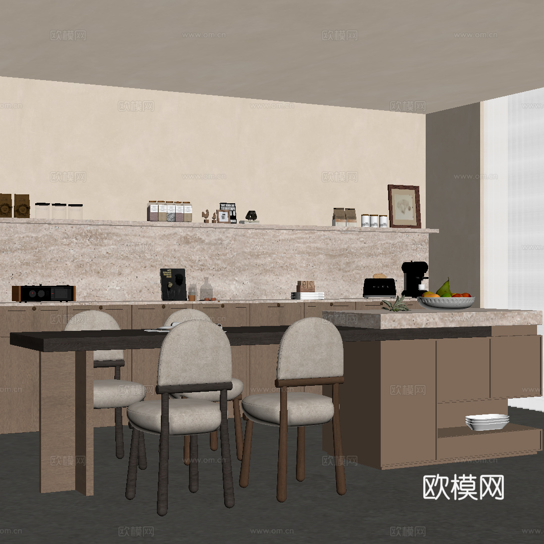 侘寂风餐厅 餐桌椅 岛台 餐边柜 中古风餐厅su模型