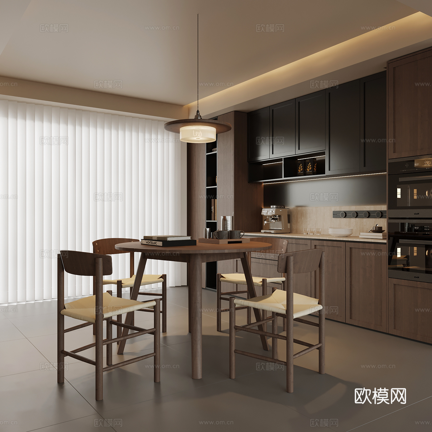 中古风餐厅 实木圆餐桌椅 餐边柜su模型