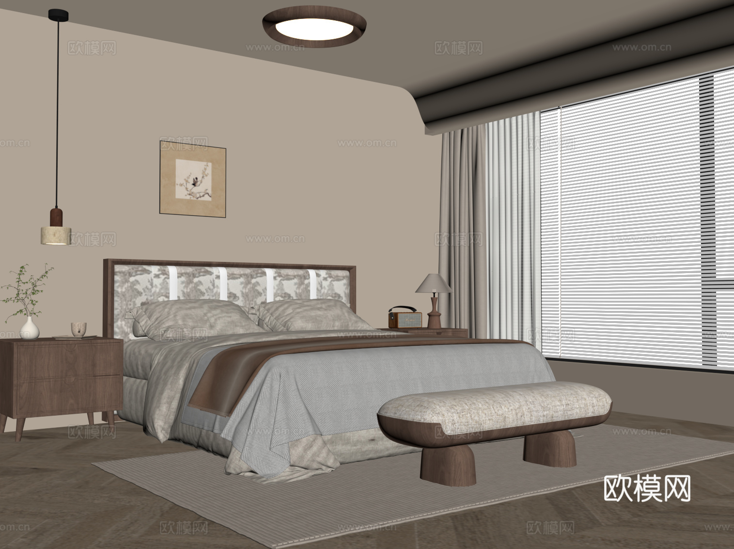 中古风卧室 双人床 床头柜 换鞋凳su模型