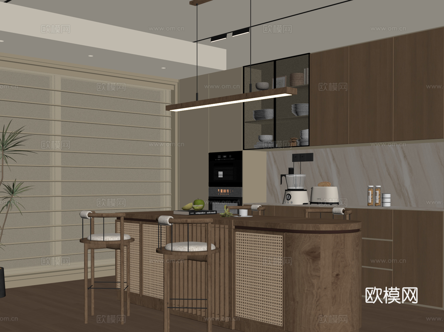 现代中古风餐厅 餐桌椅 餐边柜su模型