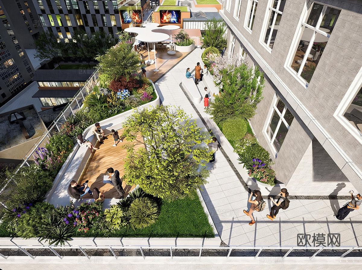 现代办公景观 屋顶花园 庭院花园su模型下载（渲染图1）