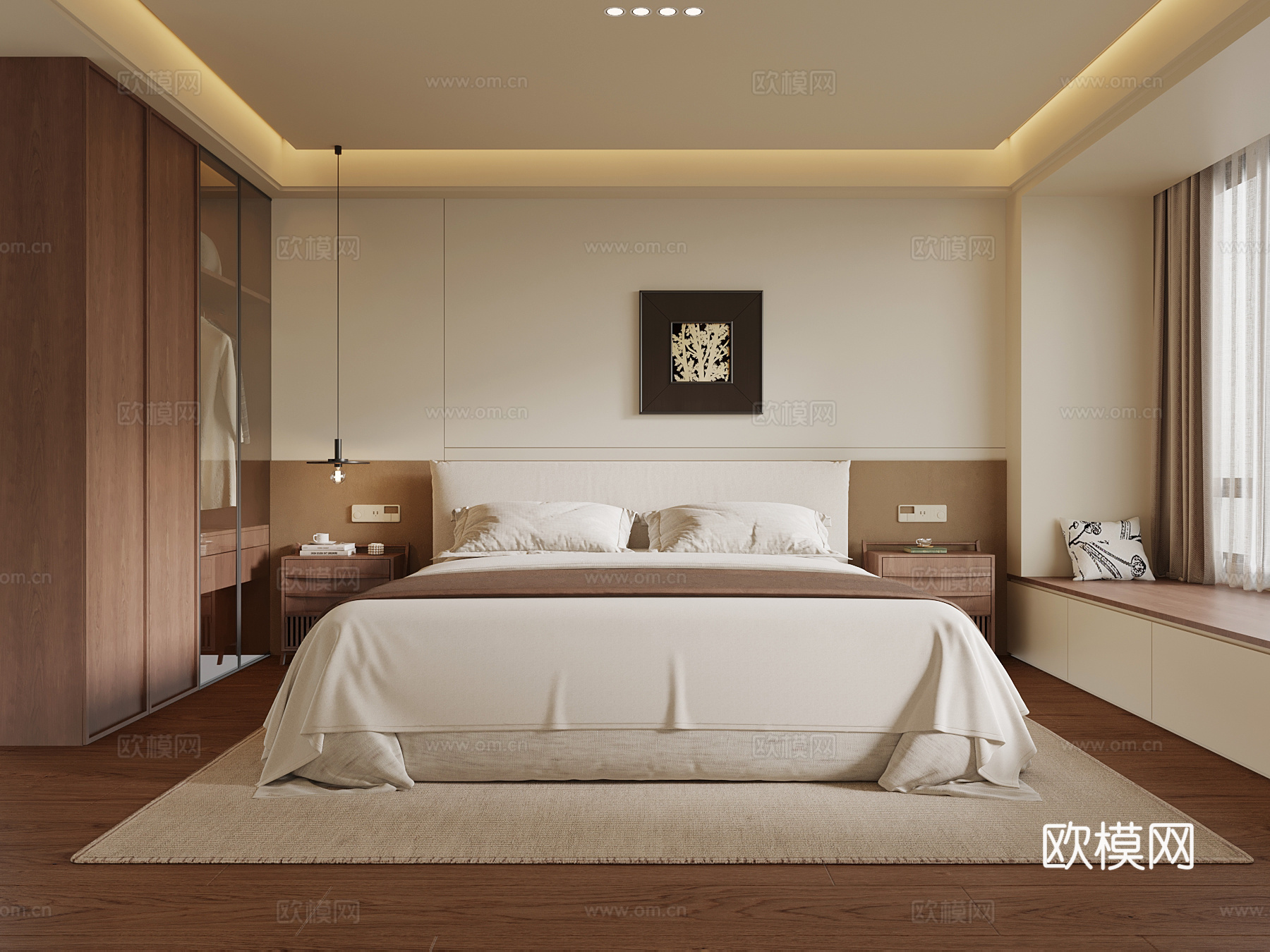 现代中古风卧室 双人床 衣柜su模型