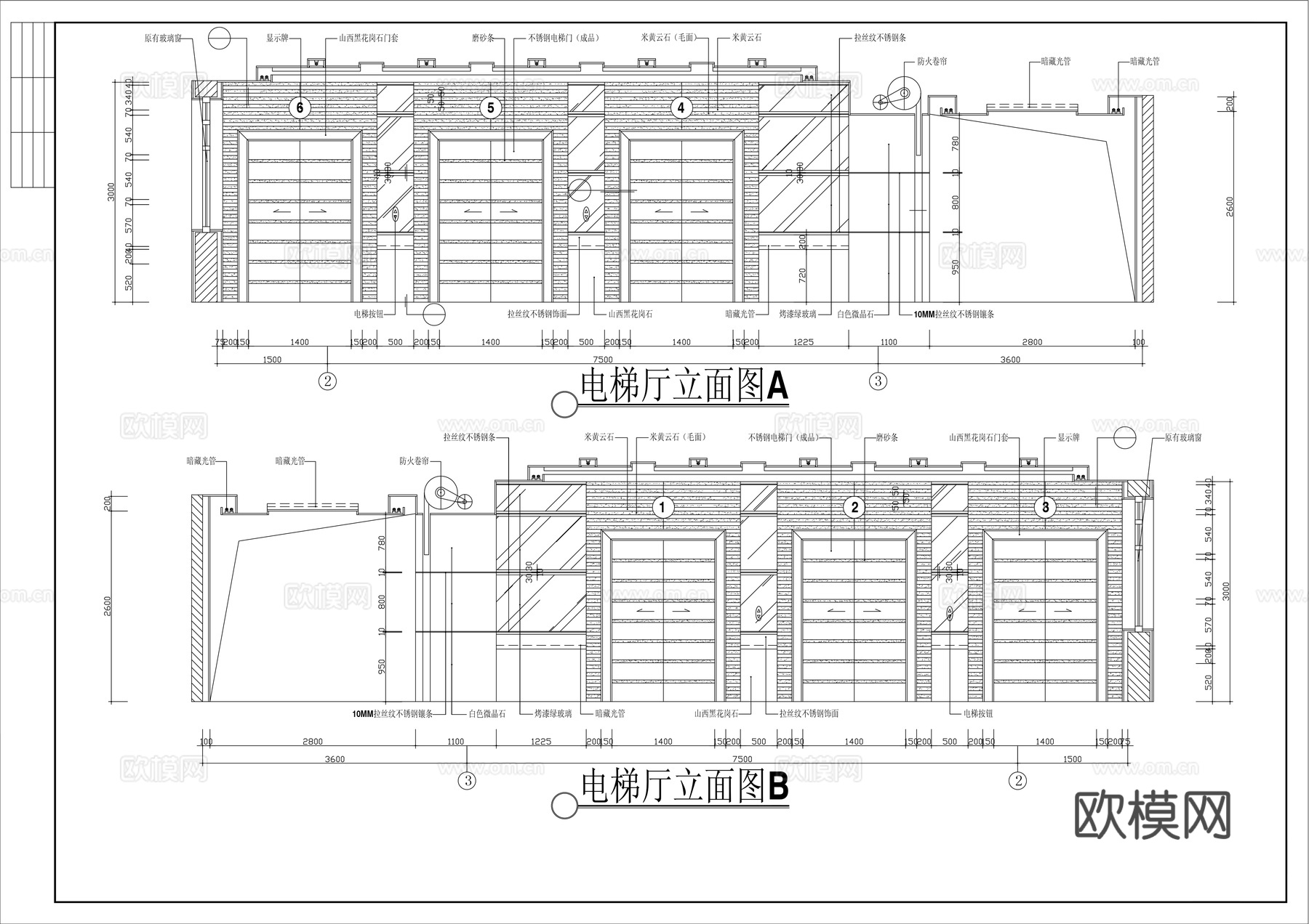 电梯厅立面图cad施工图下载
