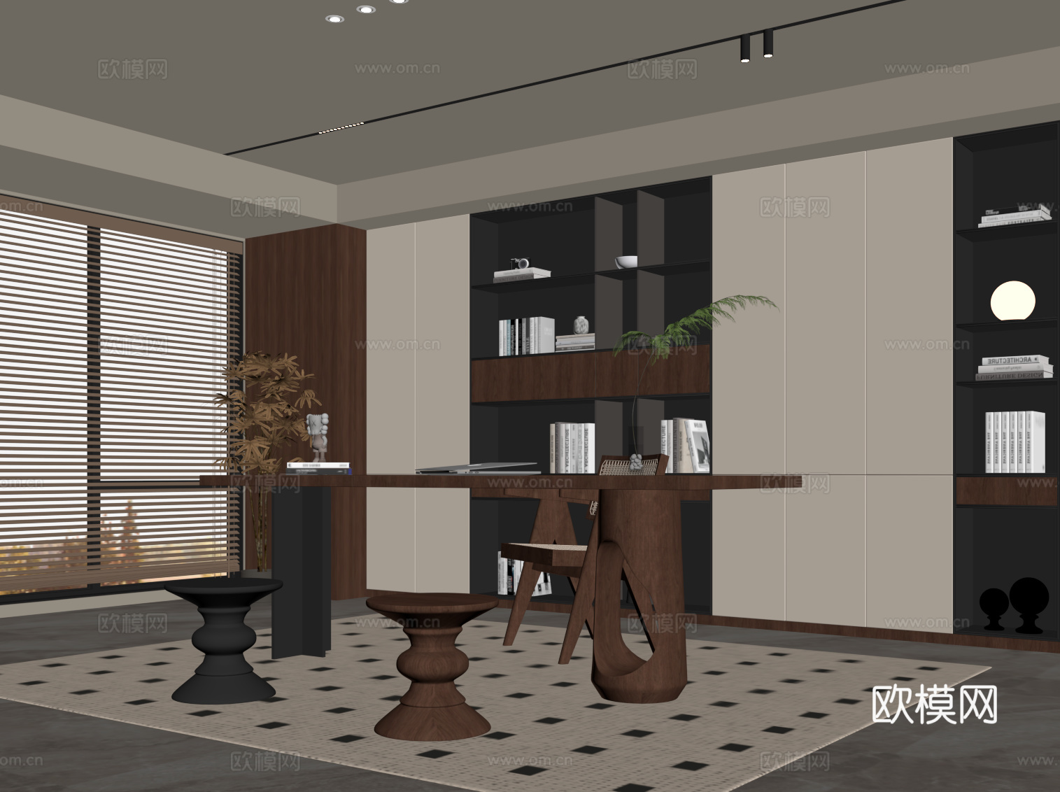 现代中古风开放式书房 书桌椅 书柜su模型