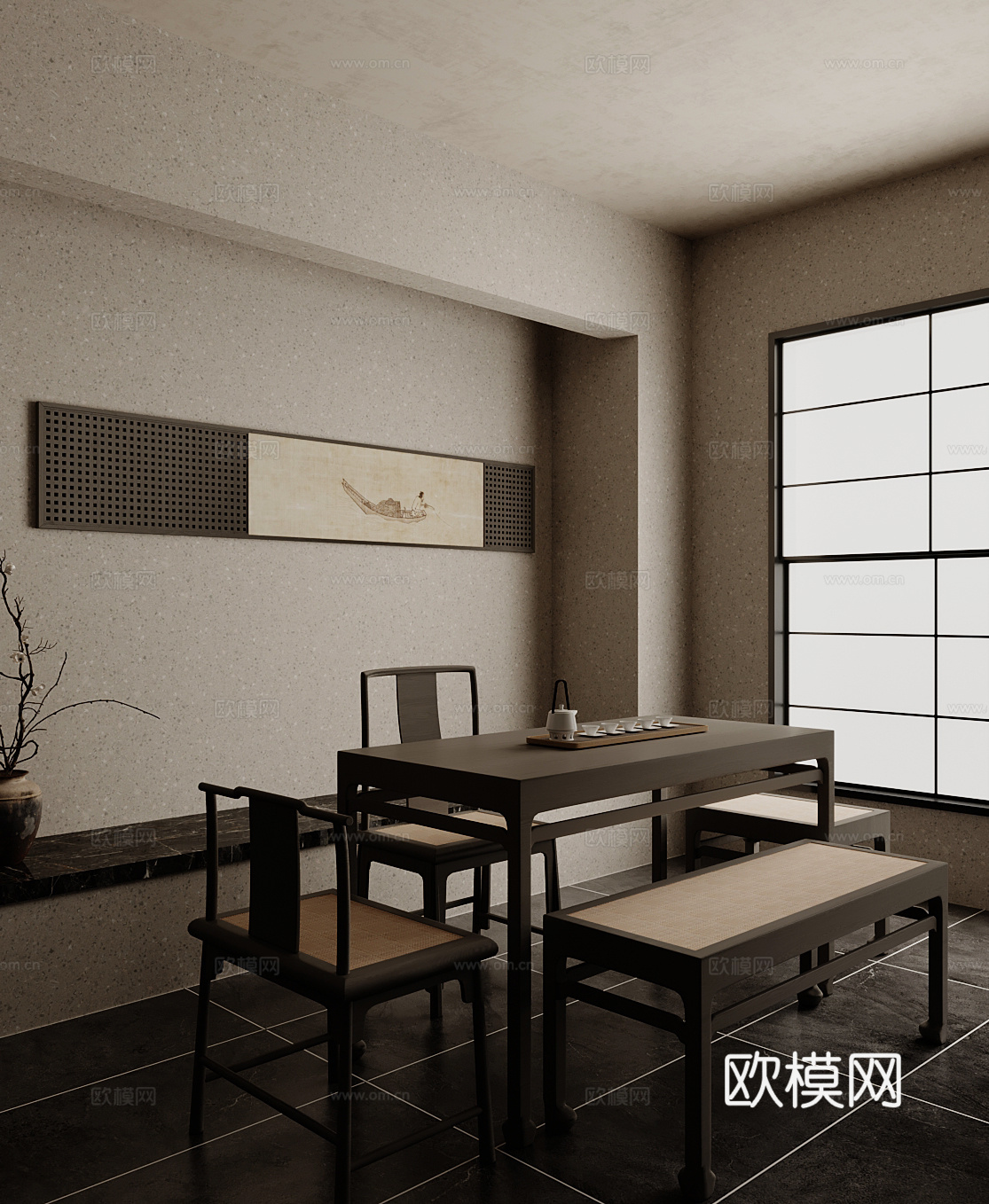 新中式茶台 茶桌椅su模型