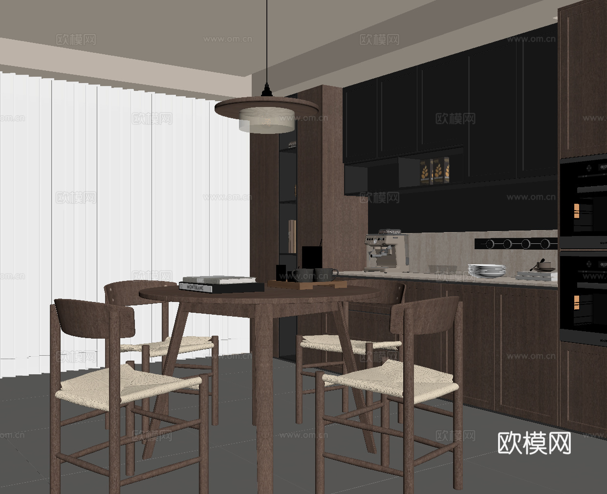 中古风餐厅 实木圆餐桌椅 餐边柜su模型