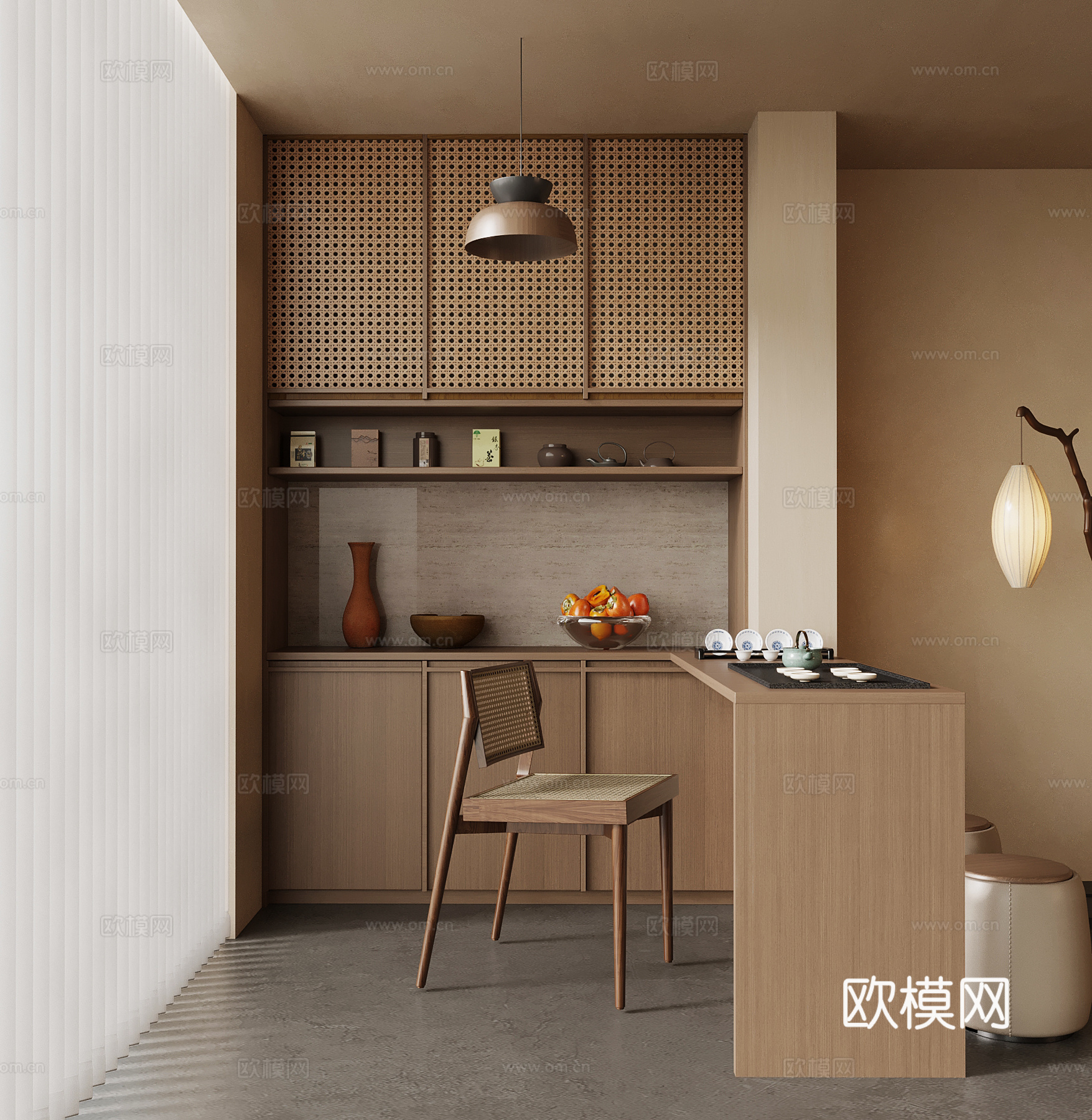 新中式阳台茶室 茶桌椅 茶台su模型