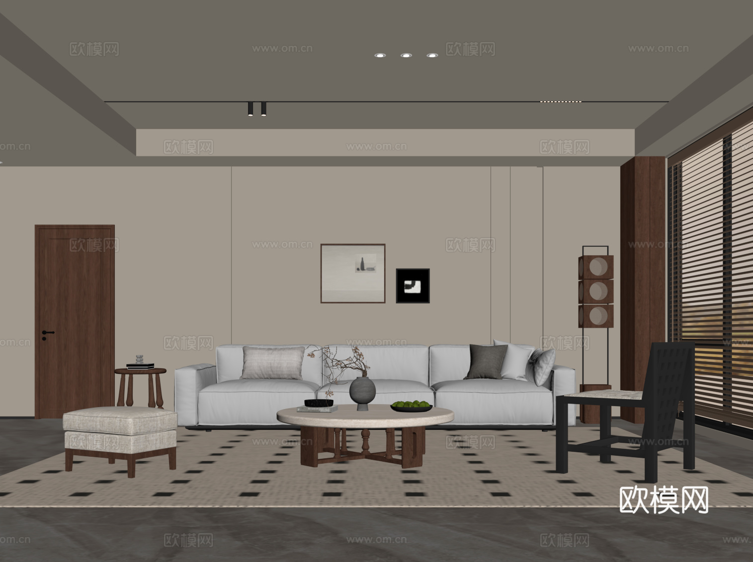 中古风家居客厅 沙发茶几组合 背景墙su模型