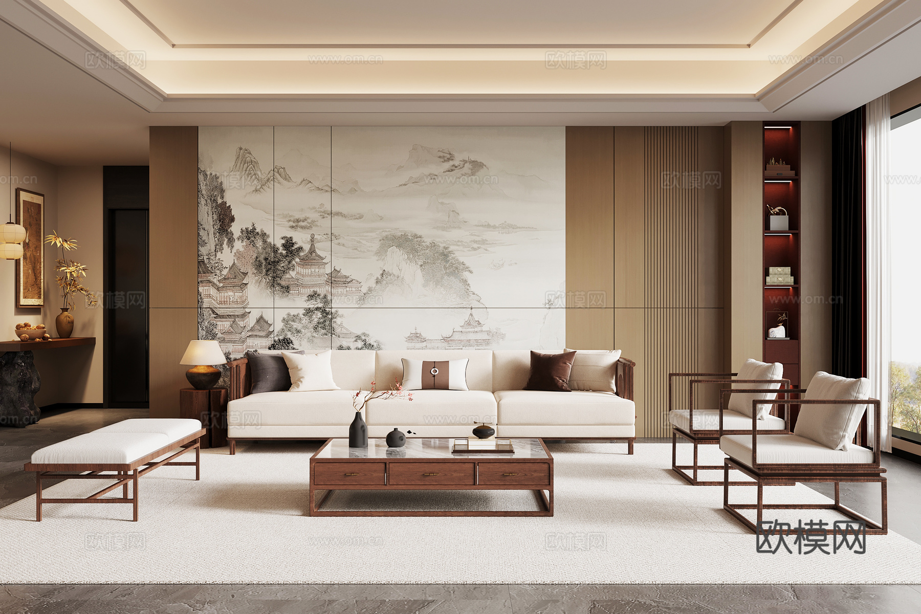 新中式客厅 沙发茶几组合 沙发背景墙su模型